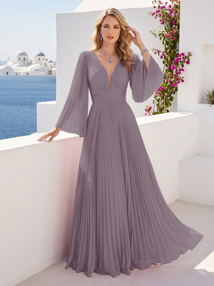 A-Line/Princess Long Sleeves V-Neck Floor Length Bridesmaid Dresses with Pleats