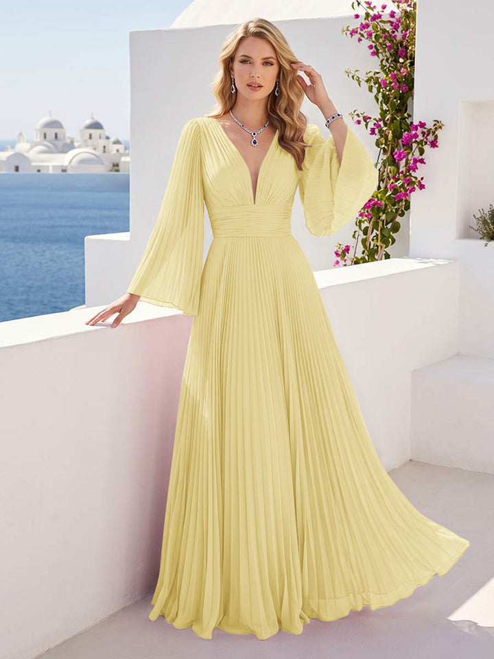 A-Line/Princess Long Sleeves V-Neck Floor Length Bridesmaid Dresses with Pleats