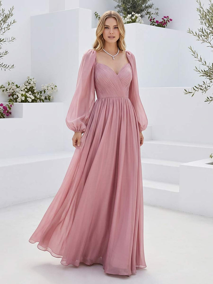 A-Line/Princess Long Sleeves Sweetheart Floor Length Bridesmaid Dresses with Pleats &amp; Ruched