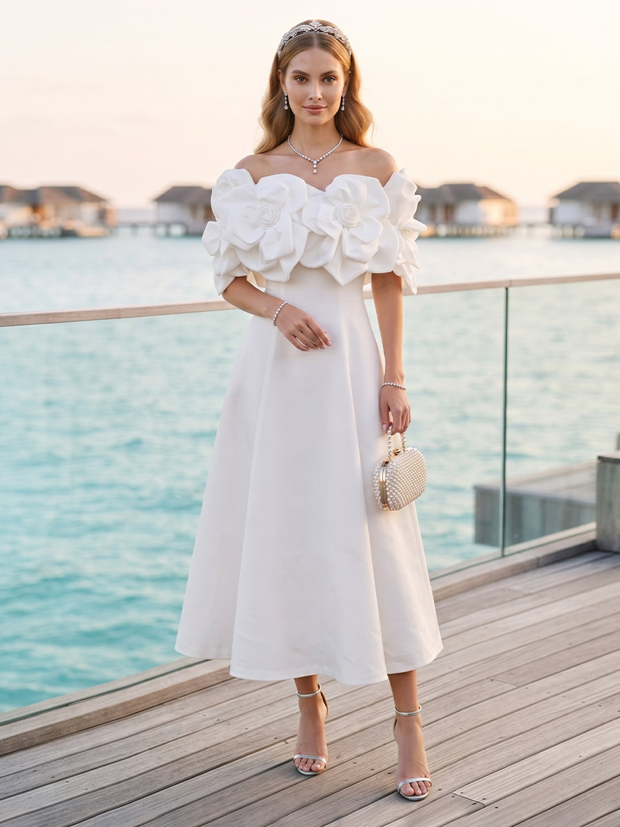 A-Line/Princess Off-the-Shoulder Sleeveless Ankle-Length Cocktail Dresses With 3D Floral &amp; Pockets
