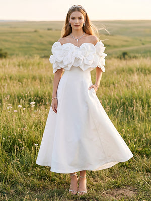 A-Line/Princess Off-the-Shoulder Sleeveless Ankle-Length Cocktail Dresses With 3D Floral & Pockets