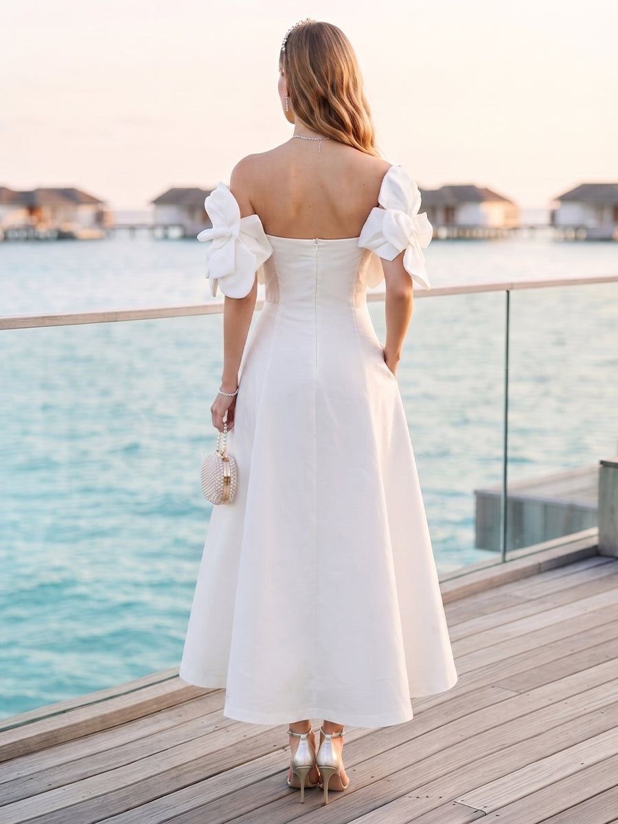 A-Line/Princess Off-the-Shoulder Sleeveless Ankle-Length Cocktail Dresses With 3D Floral &amp; Pockets