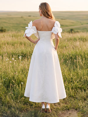 A-Line/Princess Off-the-Shoulder Sleeveless Ankle-Length Cocktail Dresses With 3D Floral & Pockets