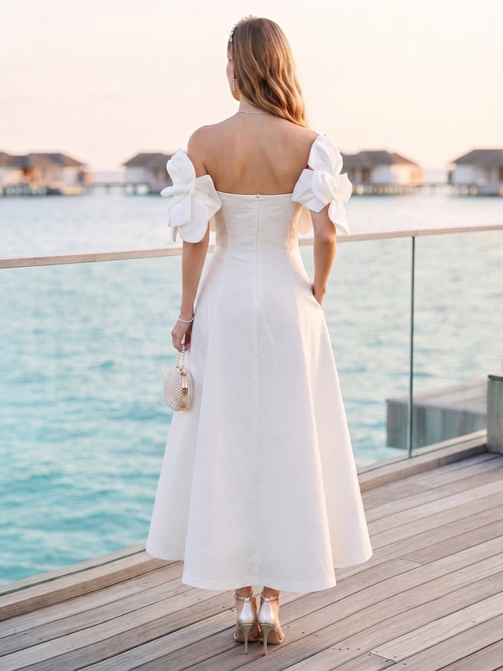 A-Line/Princess Off-the-Shoulder Sleeveless Ankle-Length Cocktail Dresses With 3D Floral &amp; Pockets