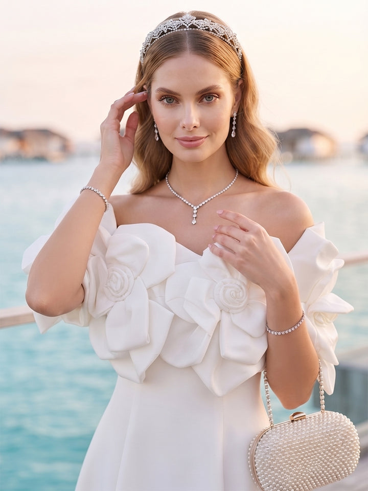 A-Line/Princess Off-the-Shoulder Sleeveless Ankle-Length Cocktail Dresses With 3D Floral &amp; Pockets