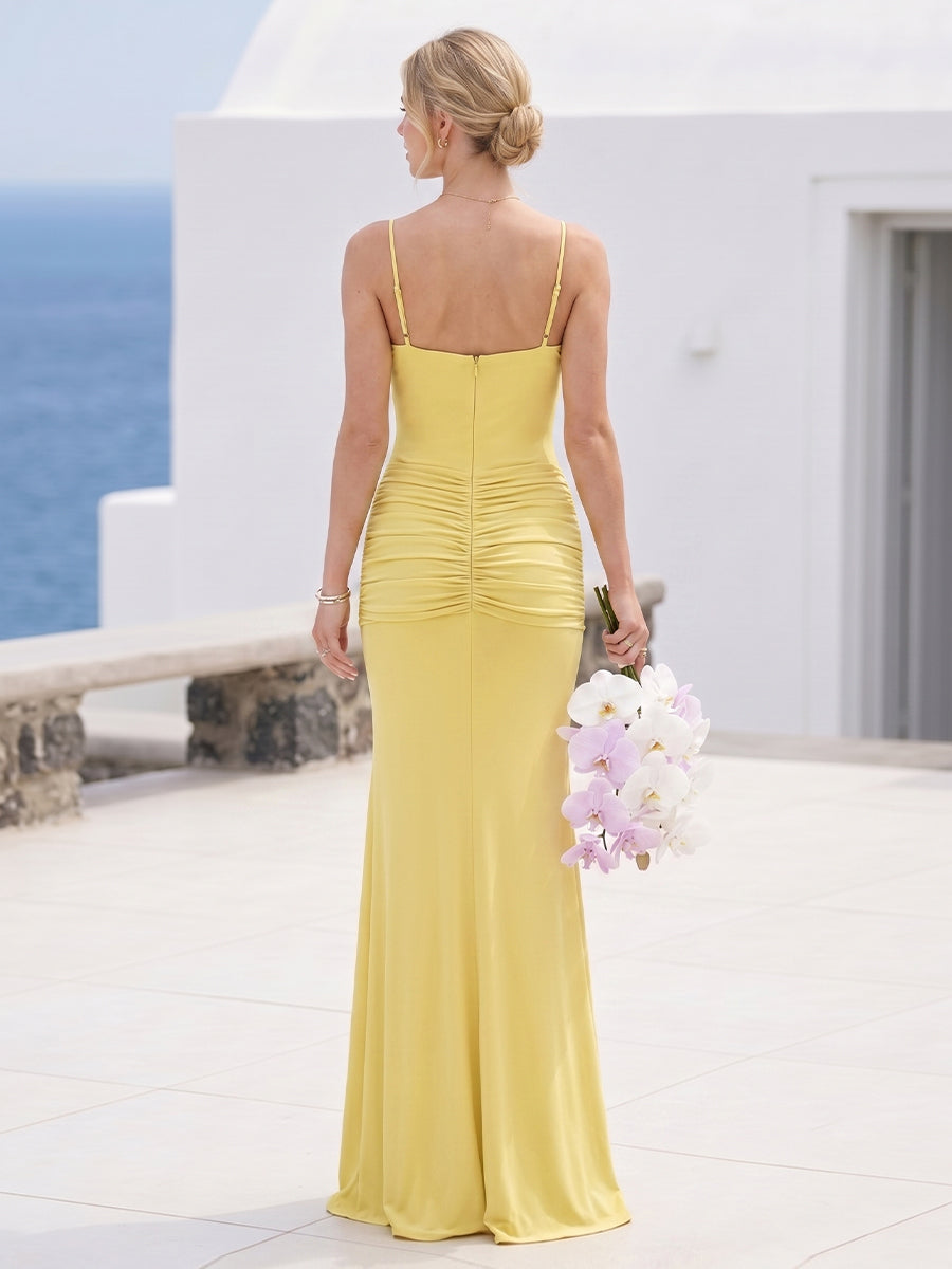 Sheath/Column Spaghetti Straps Sleeveless Long Bridesmaid Dresses with Ruffles