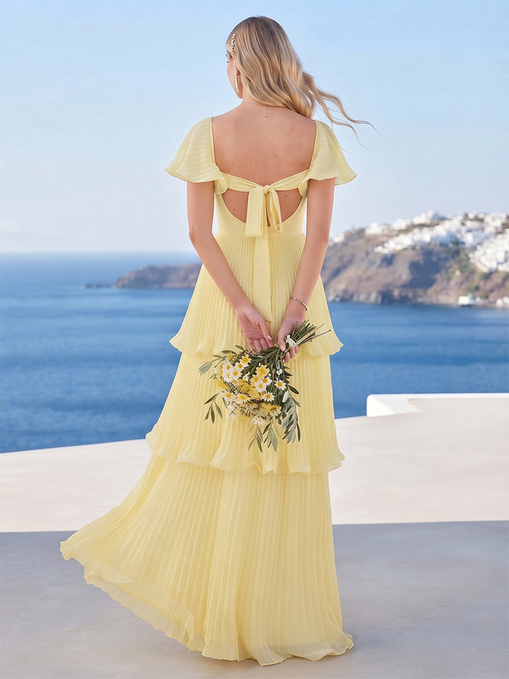 A-Line/Princess V-Neck Flutter Sleeves Floor-Length Bridesmaid Dresses With Pleats &amp; Bowknot