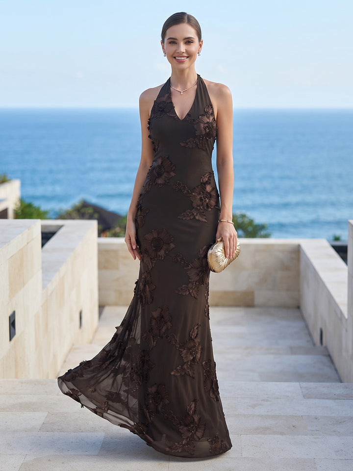 Sheath/Column Halter Sleeveless Floor-Length Bridesmaid Dresses with Ruched &amp; Embroidery