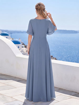 Chiffon Scoop Half Sleeves Floor-Length Pantsuits with Ruffles & Overskirt