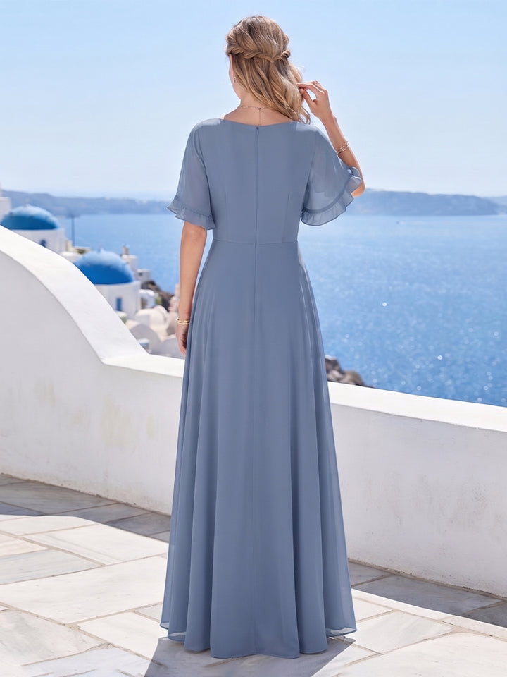 Chiffon Scoop Half Sleeves Floor-Length Pantsuits with Ruffles &amp; Overskirt