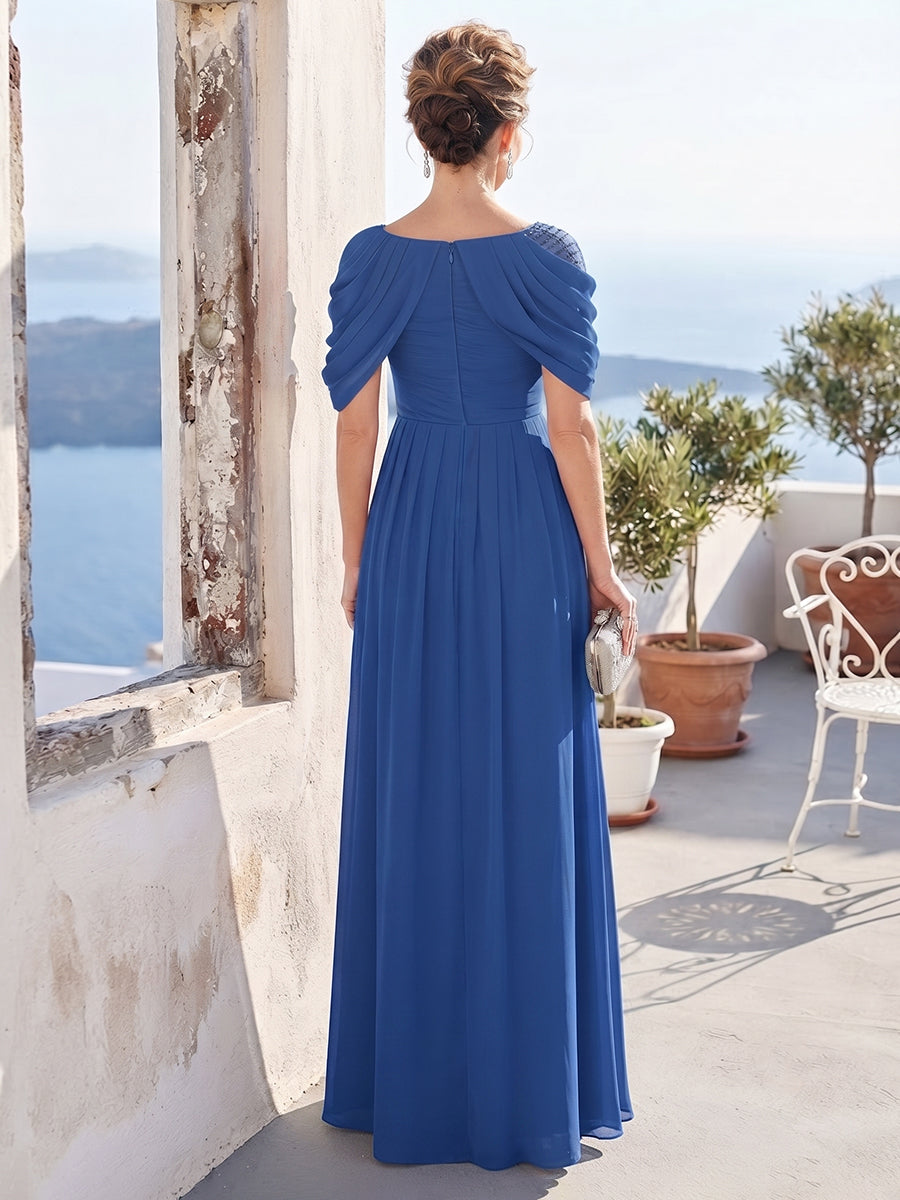 A-Line/Princess Scoop Cap Sleeves Floor-Length Mother of the Bride Dresses with Beading &amp; Ruched