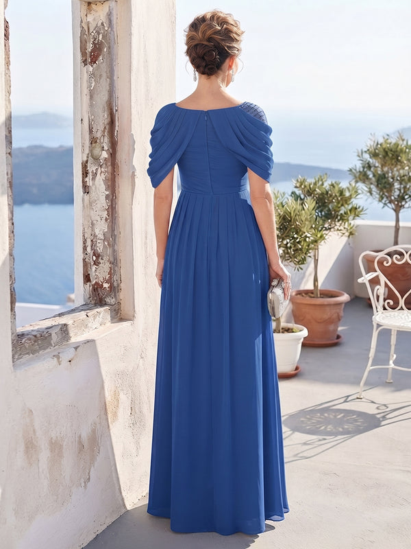 A-Line/Princess Scoop Cap Sleeves Floor-Length Mother of the Bride Dresses with Beading & Ruched