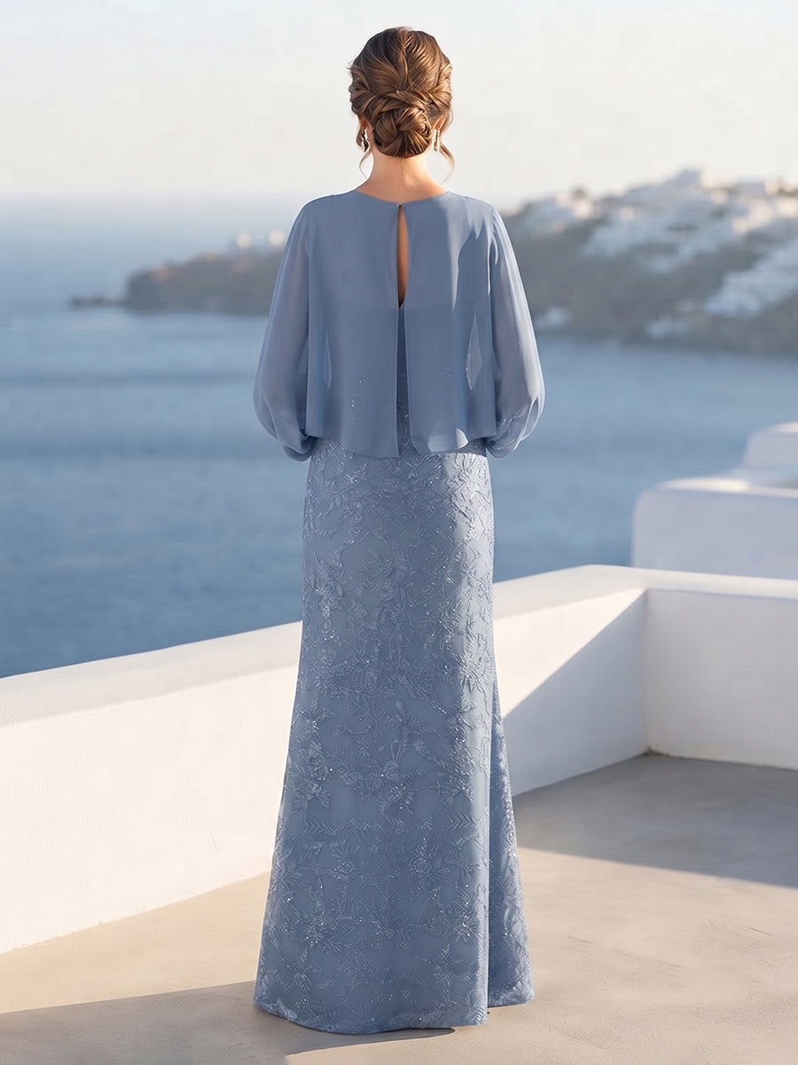 A-Line/Princess Long Sleeves Scoop Floor-Length Mother of the Bride Dresses with Sequins &amp; Cape