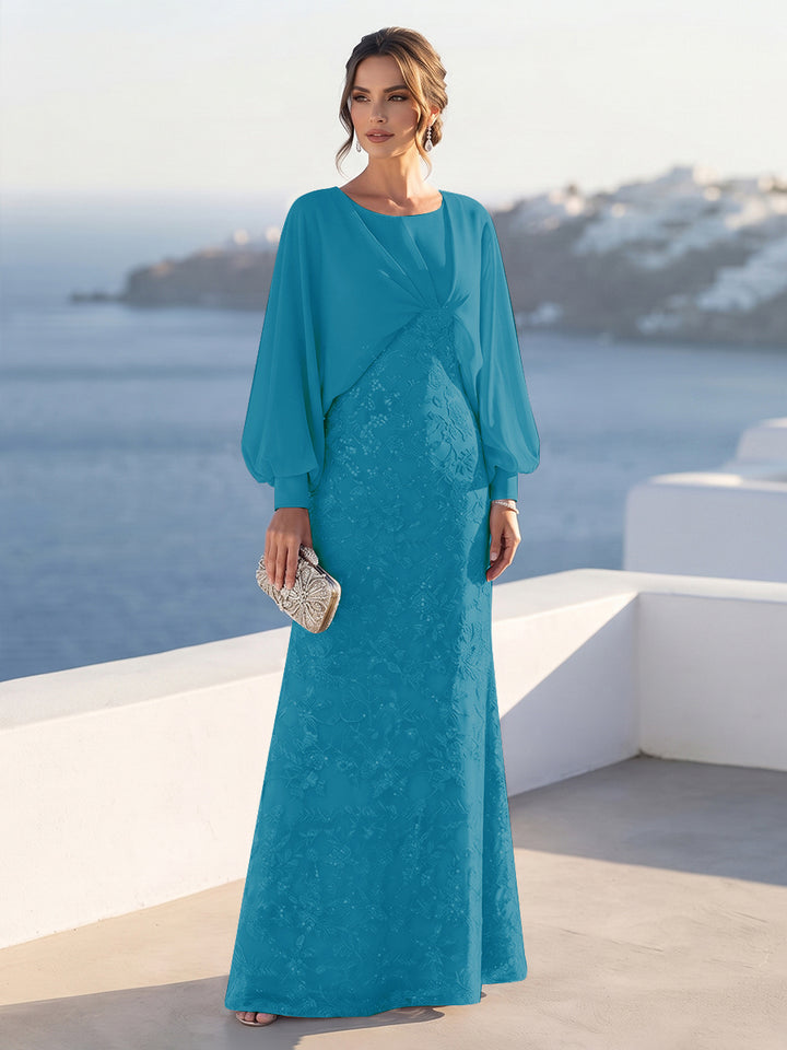 A-Line/Princess Long Sleeves Scoop Floor-Length Mother of the Bride Dresses with Sequins &amp; Cape