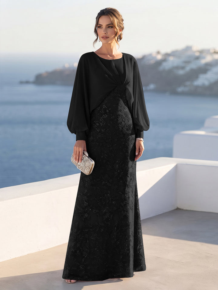 A-Line/Princess Long Sleeves Scoop Floor-Length Mother of the Bride Dresses with Sequins &amp; Cape