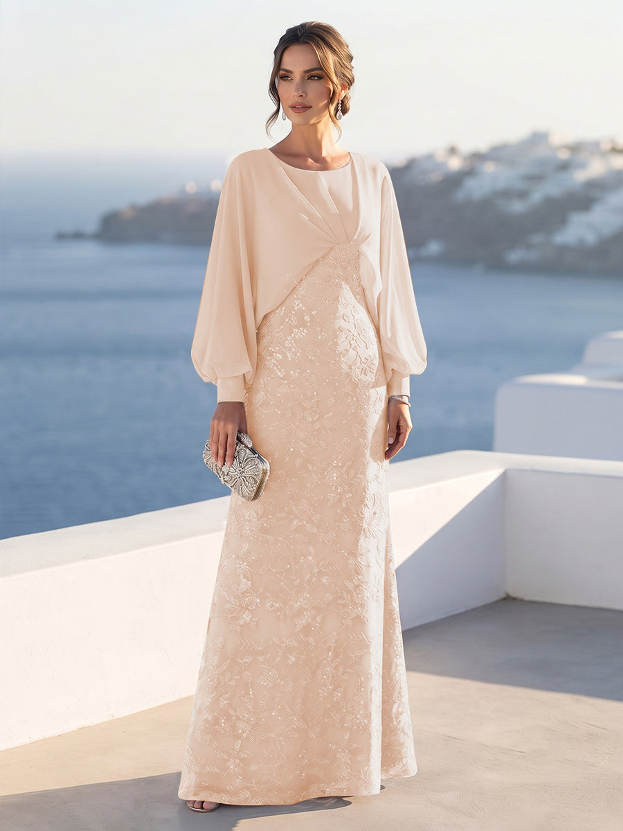 A-Line/Princess Long Sleeves Scoop Floor-Length Mother of the Bride Dresses with Sequins &amp; Cape