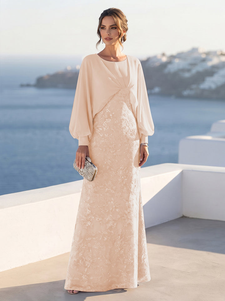 A-Line/Princess Long Sleeves Scoop Floor-Length Mother of the Bride Dresses with Sequins &amp; Cape