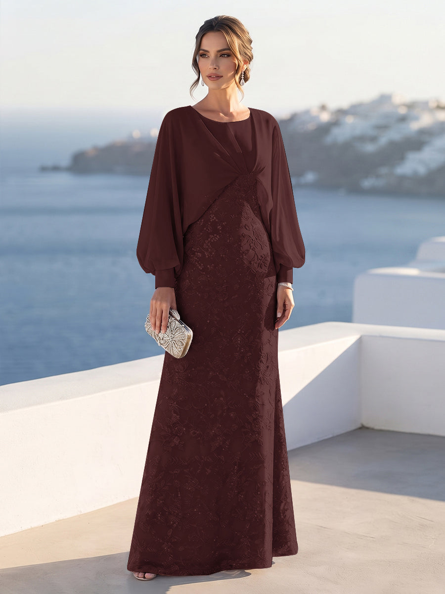 A-Line/Princess Long Sleeves Scoop Floor-Length Mother of the Bride Dresses with Sequins &amp; Cape