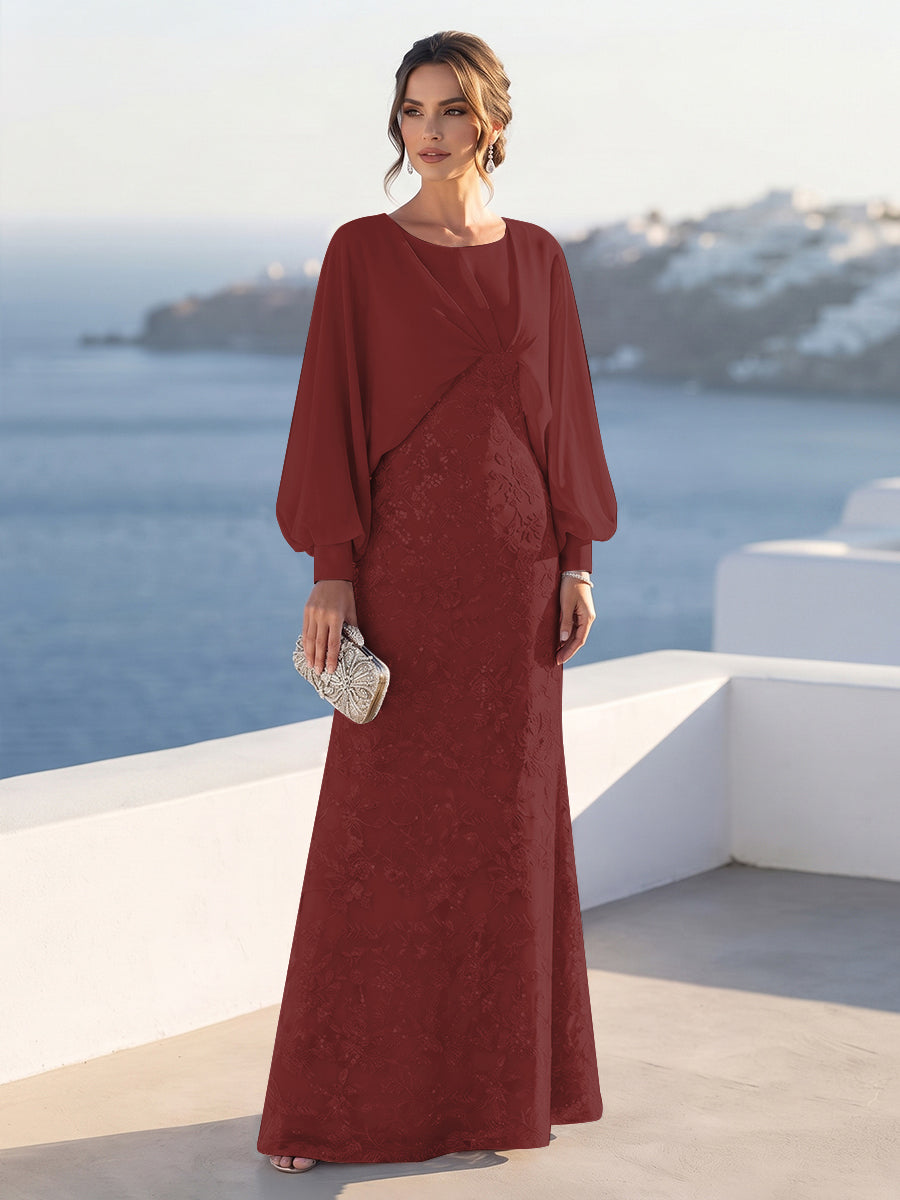 A-Line/Princess Long Sleeves Scoop Floor-Length Mother of the Bride Dresses with Sequins & Cape