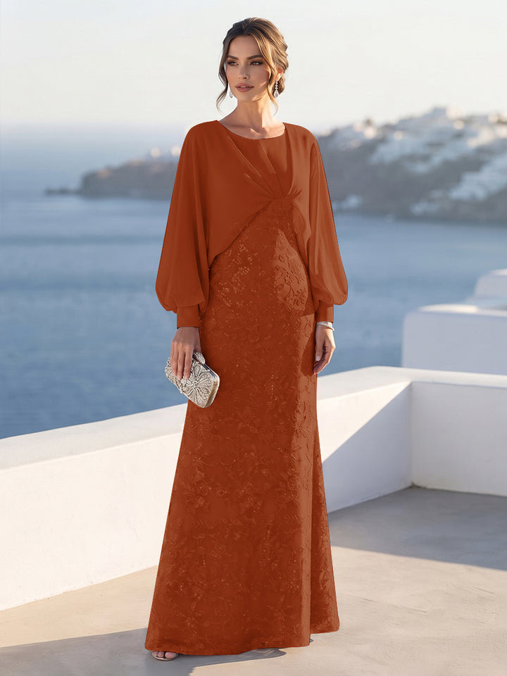 A-Line/Princess Long Sleeves Scoop Floor-Length Mother of the Bride Dresses with Sequins &amp; Cape