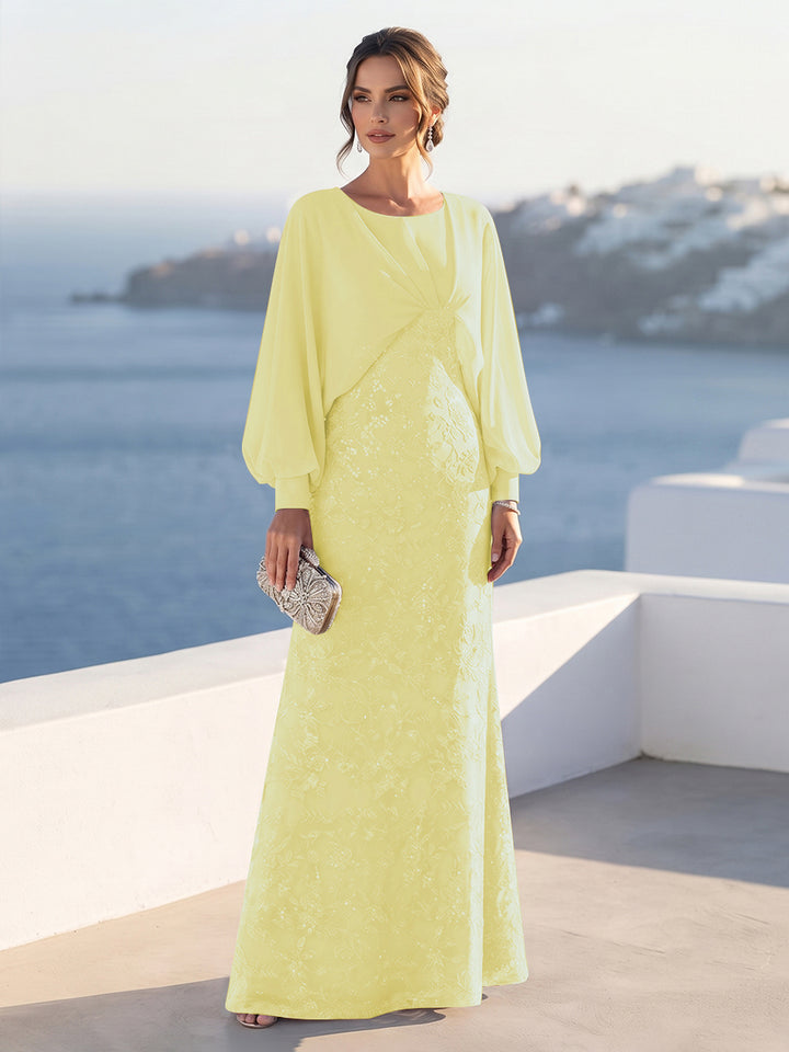 A-Line/Princess Long Sleeves Scoop Floor-Length Mother of the Bride Dresses with Sequins &amp; Cape