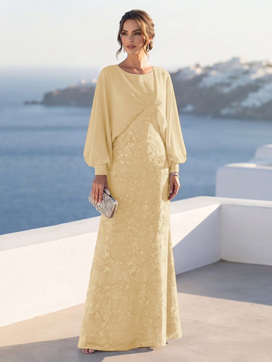 A-Line/Princess Long Sleeves Scoop Floor-Length Mother of the Bride Dresses with Sequins &amp; Cape