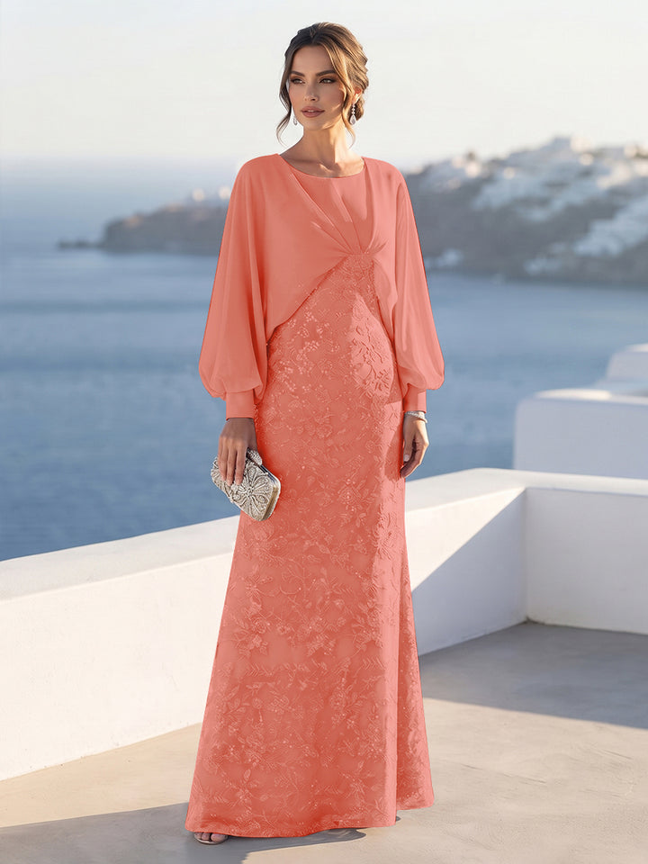 A-Line/Princess Long Sleeves Scoop Floor-Length Mother of the Bride Dresses with Sequins &amp; Cape