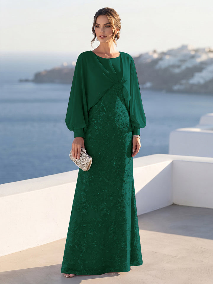 A-Line/Princess Long Sleeves Scoop Floor-Length Mother of the Bride Dresses with Sequins &amp; Cape