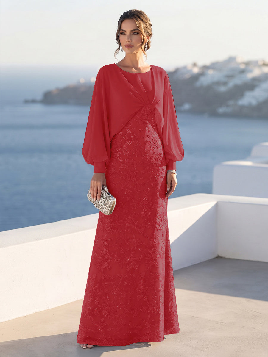 A-Line/Princess Long Sleeves Scoop Floor-Length Mother of the Bride Dresses with Sequins &amp; Cape