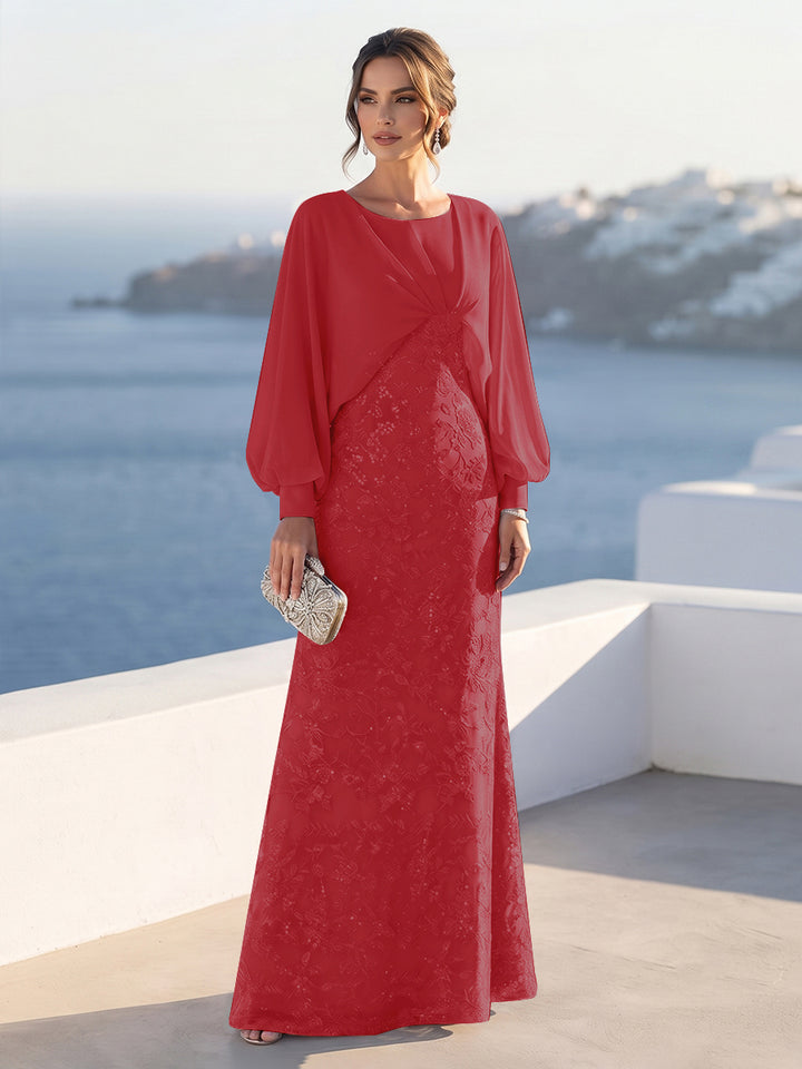 A-Line/Princess Long Sleeves Scoop Floor-Length Mother of the Bride Dresses with Sequins &amp; Cape