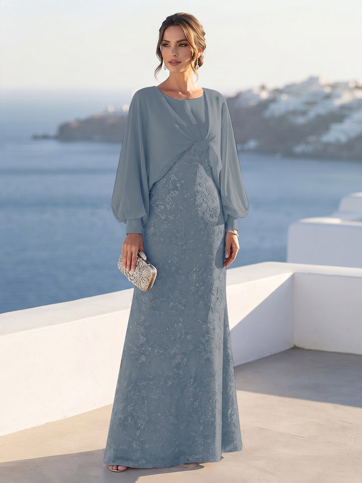 A-Line/Princess Long Sleeves Scoop Floor-Length Mother of the Bride Dresses with Sequins &amp; Cape