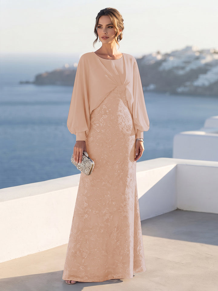 A-Line/Princess Long Sleeves Scoop Floor-Length Mother of the Bride Dresses with Sequins &amp; Cape