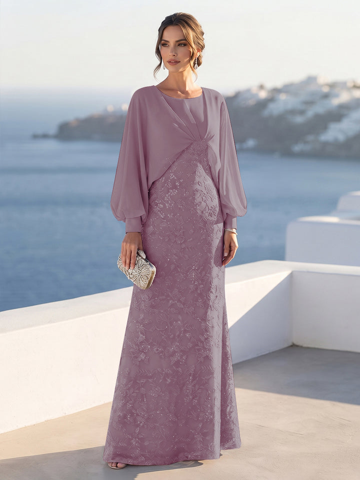 A-Line/Princess Long Sleeves Scoop Floor-Length Mother of the Bride Dresses with Sequins &amp; Cape
