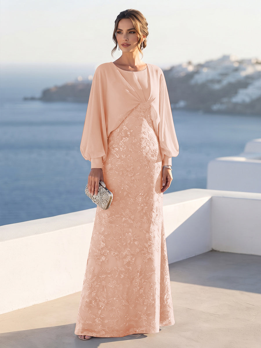 A-Line/Princess Long Sleeves Scoop Floor-Length Mother of the Bride Dresses with Sequins &amp; Cape