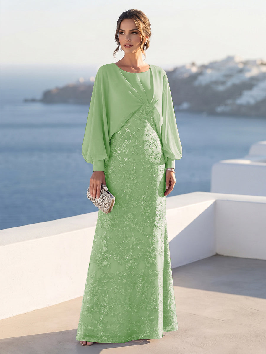 A-Line/Princess Long Sleeves Scoop Floor-Length Mother of the Bride Dresses with Sequins &amp; Cape