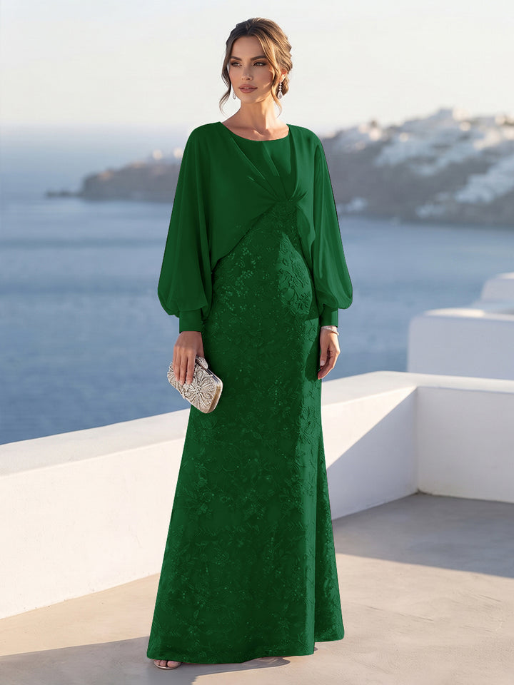 A-Line/Princess Long Sleeves Scoop Floor-Length Mother of the Bride Dresses with Sequins &amp; Cape