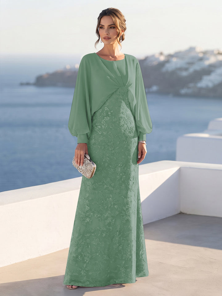 A-Line/Princess Long Sleeves Scoop Floor-Length Mother of the Bride Dresses with Sequins &amp; Cape