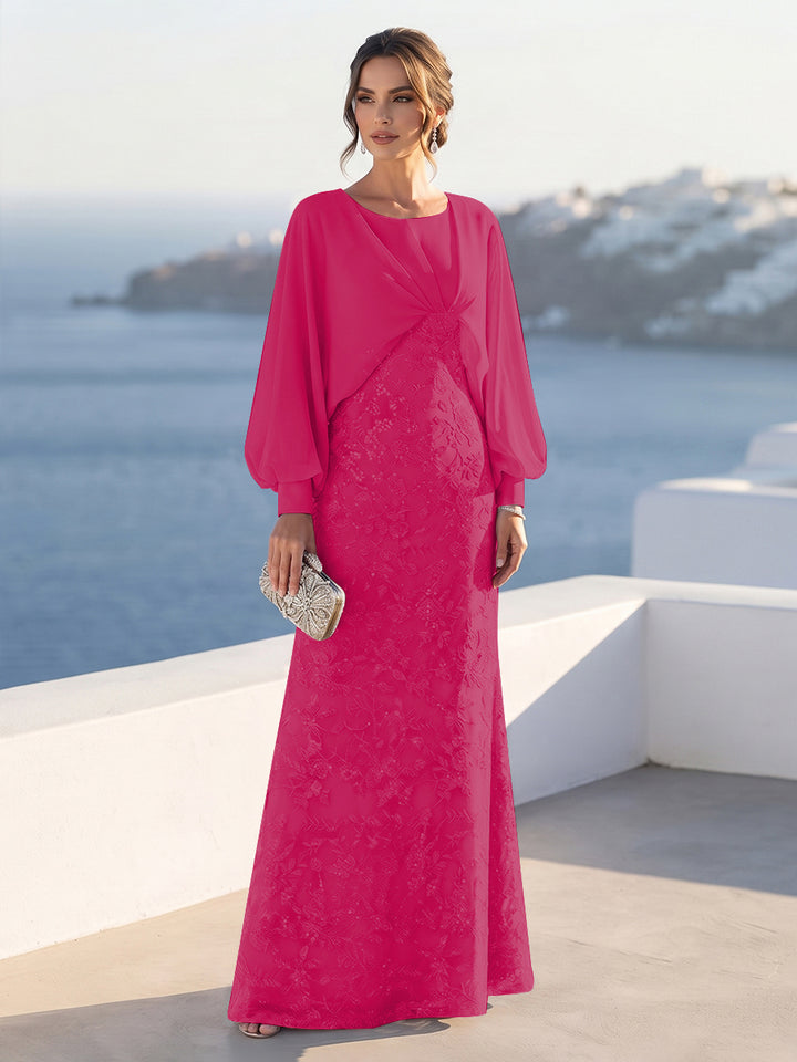 A-Line/Princess Long Sleeves Scoop Floor-Length Mother of the Bride Dresses with Sequins &amp; Cape