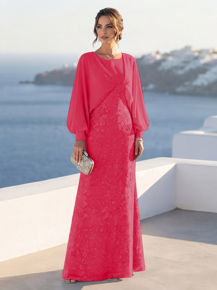 A-Line/Princess Long Sleeves Scoop Floor-Length Mother of the Bride Dresses with Sequins &amp; Cape