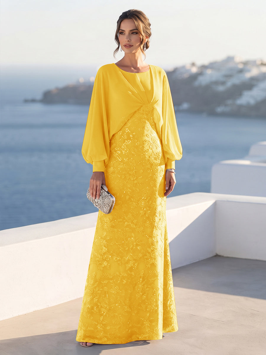 A-Line/Princess Long Sleeves Scoop Floor-Length Mother of the Bride Dresses with Sequins &amp; Cape