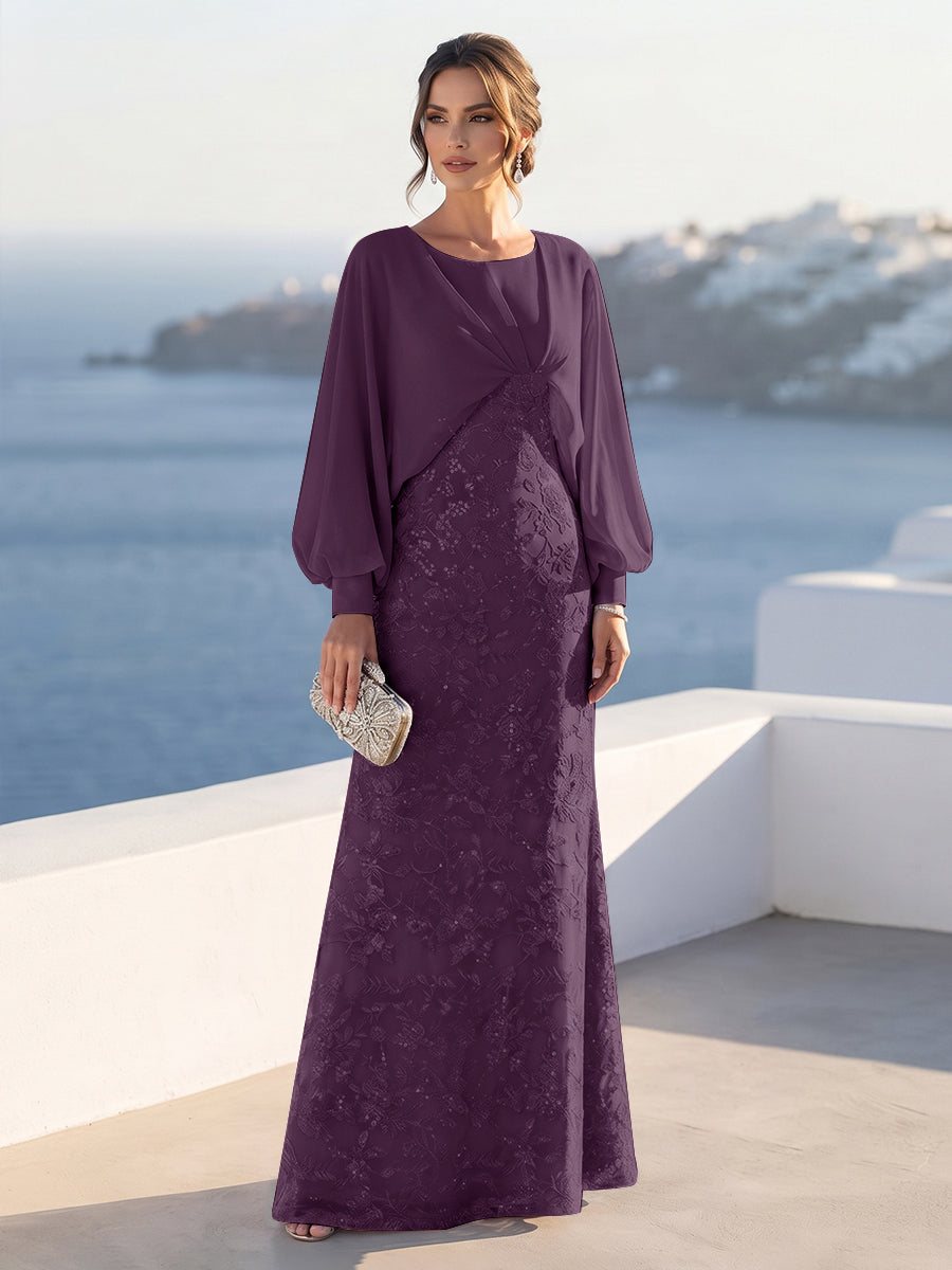 A-Line/Princess Long Sleeves Scoop Floor-Length Mother of the Bride Dresses with Sequins &amp; Cape