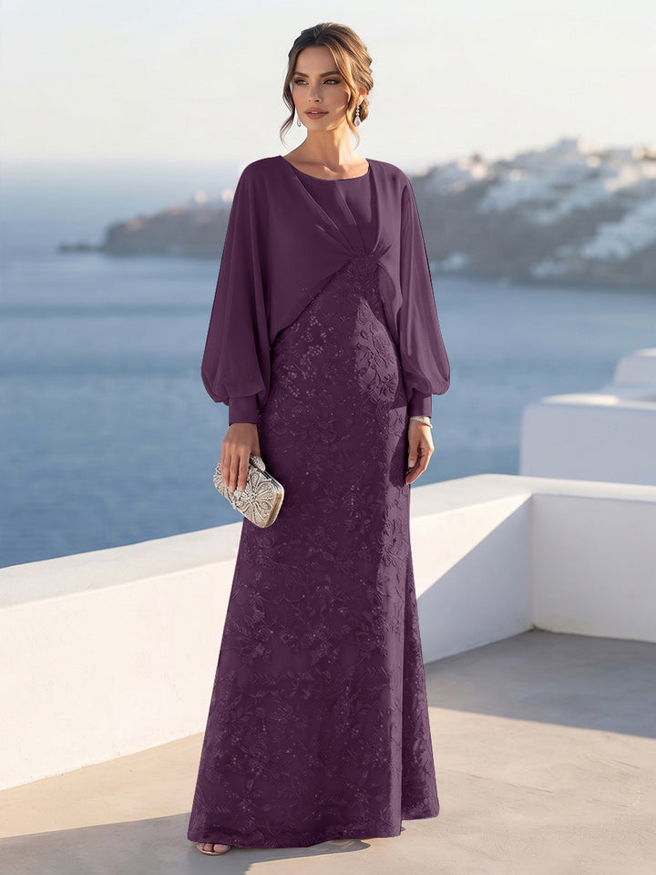 A-Line/Princess Long Sleeves Scoop Floor-Length Mother of the Bride Dresses with Sequins &amp; Cape