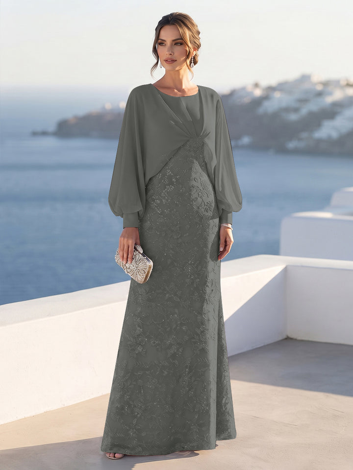 A-Line/Princess Long Sleeves Scoop Floor-Length Mother of the Bride Dresses with Sequins &amp; Cape