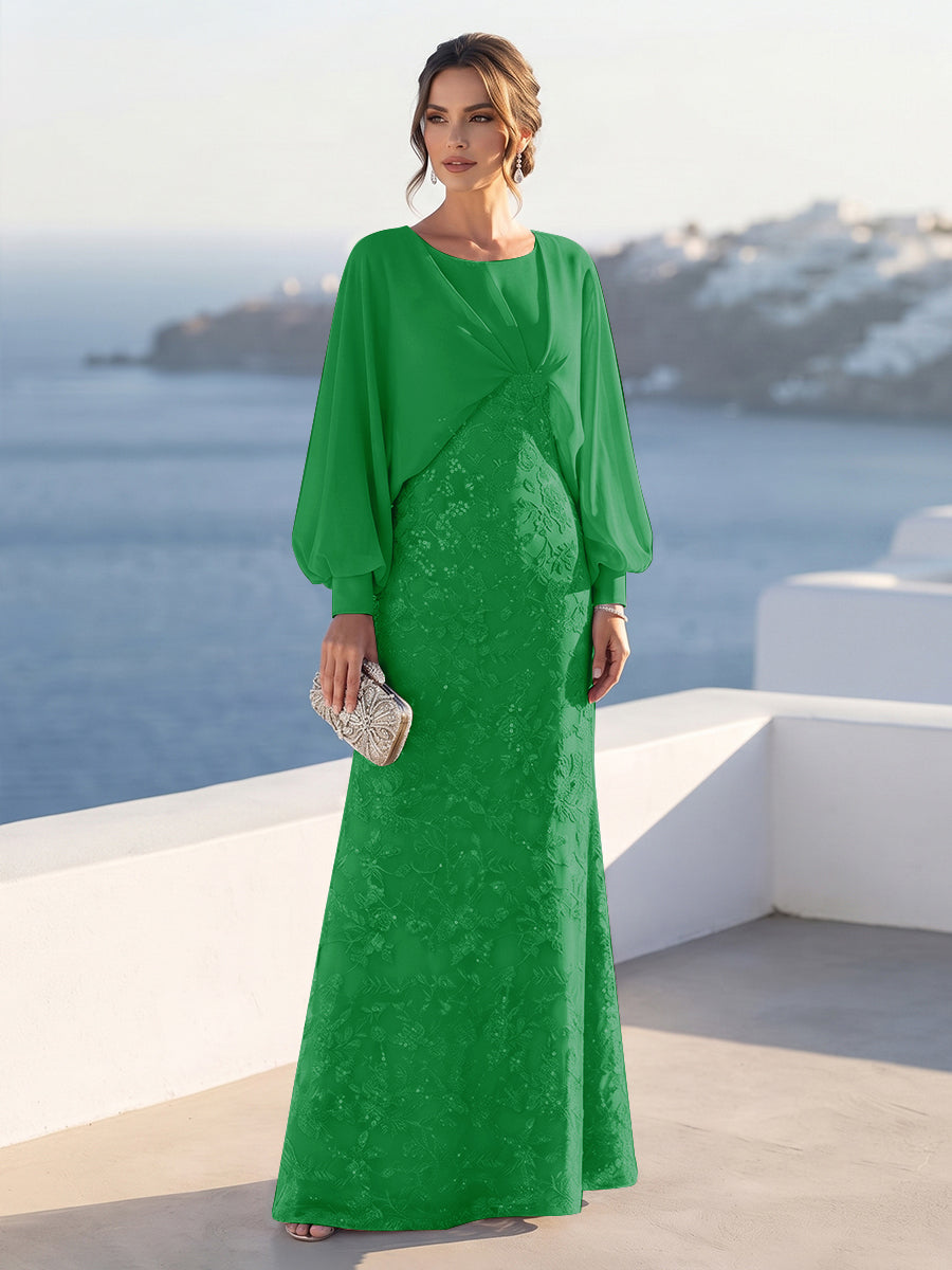 A-Line/Princess Long Sleeves Scoop Floor-Length Mother of the Bride Dresses with Sequins &amp; Cape
