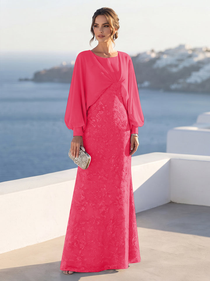 A-Line/Princess Long Sleeves Scoop Floor-Length Mother of the Bride Dresses with Sequins &amp; Cape