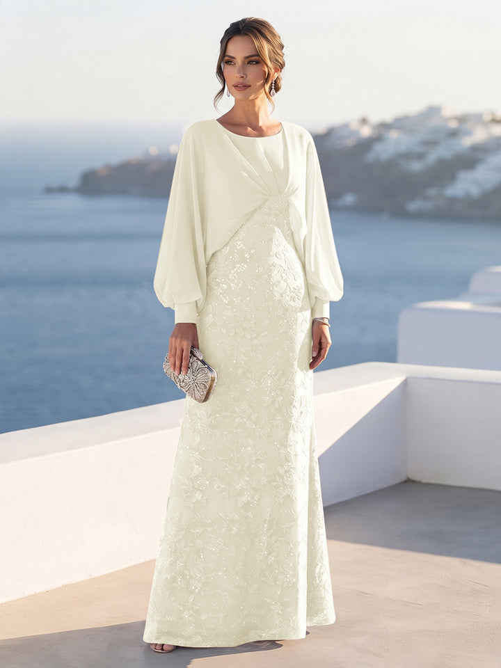 A-Line/Princess Long Sleeves Scoop Floor-Length Mother of the Bride Dresses with Sequins &amp; Cape