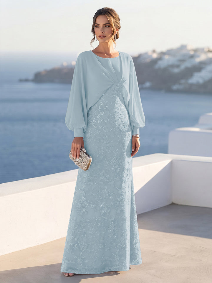 A-Line/Princess Long Sleeves Scoop Floor-Length Mother of the Bride Dresses with Sequins &amp; Cape