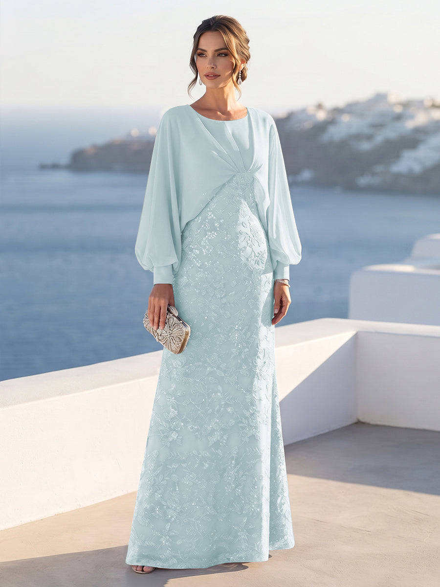 A-Line/Princess Long Sleeves Scoop Floor-Length Mother of the Bride Dresses with Sequins &amp; Cape
