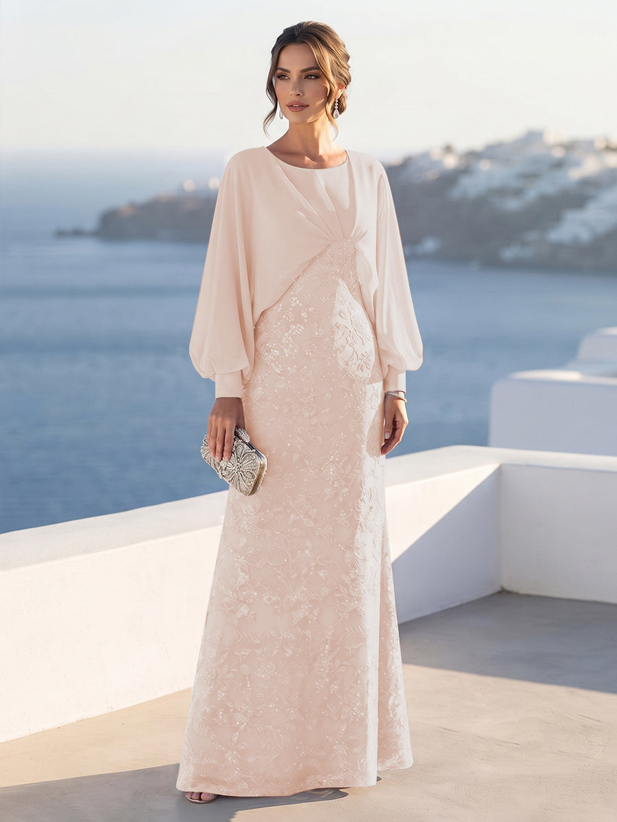 A-Line/Princess Long Sleeves Scoop Floor-Length Mother of the Bride Dresses with Sequins &amp; Cape