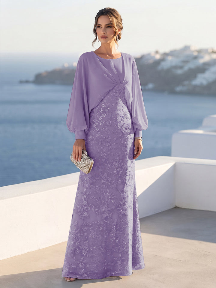 A-Line/Princess Long Sleeves Scoop Floor-Length Mother of the Bride Dresses with Sequins &amp; Cape